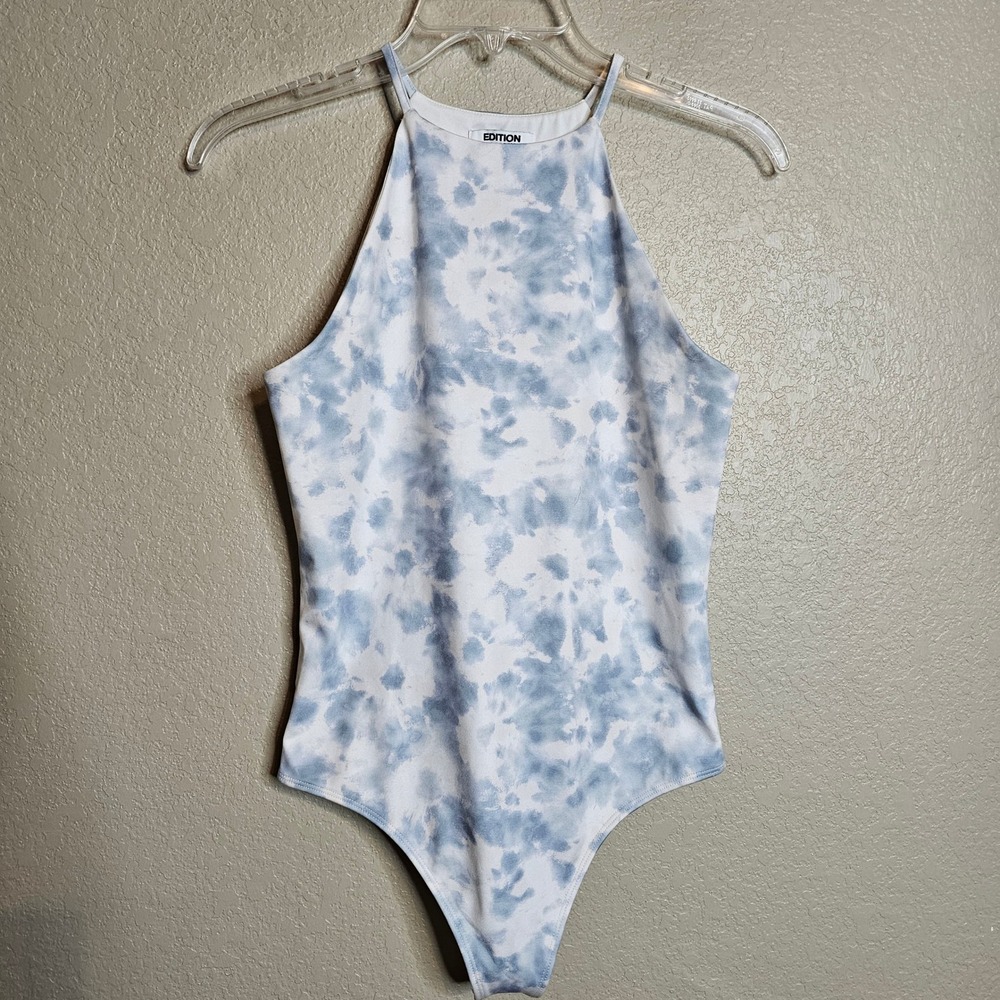 NWT‎ Express Edition Tie Dye Halter Tank top Bodysuit Women's Small White Blue